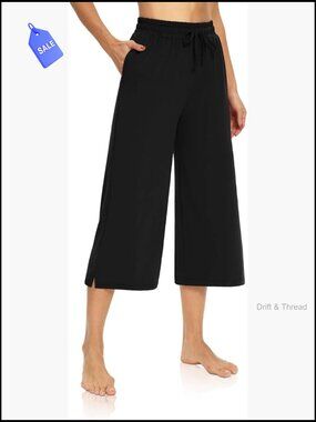 Wide Leg Capri Yoga Pants Drawstring Pockets Loose Lounge